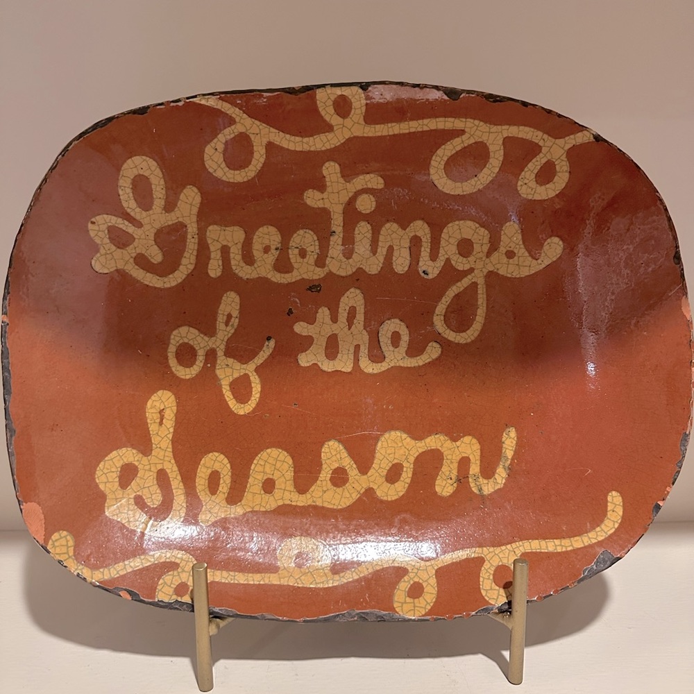 SHOONER AMERICAN REDWARE ‘GREETINGS OF THE SEASON’ platter
